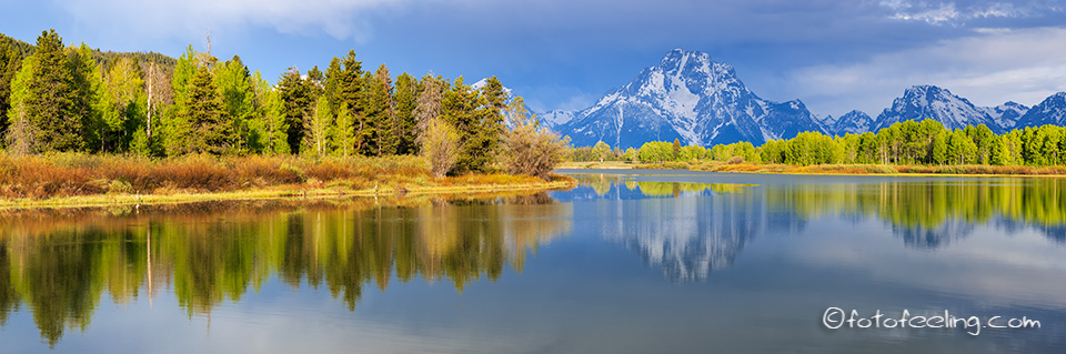 Oxbow Bend mit der Teton Range und Mount Moran, Snake River, Grand Teton Nationalpark, Wyoming, Amerika