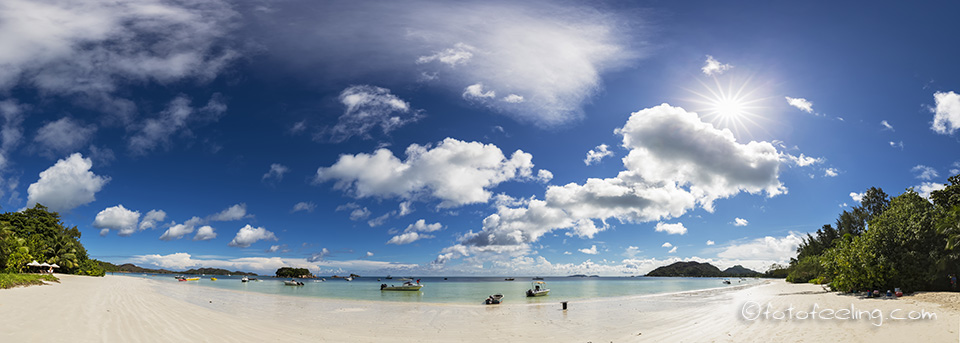 Anse Volbert mit Curieuse Island, Chauve Souris Island und der Insel Saint Pierre, Ostk&uuml;ste, Praslin, Seychellen