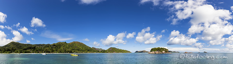 Anse Volbert mit Curieuse Island, Chauve Souris Island und der Insel Saint Pierre, Ostk&uuml;ste, Praslin, Seychellen
